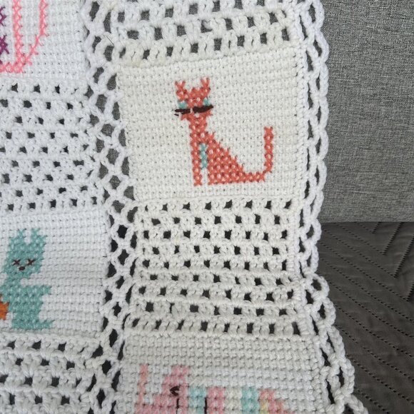 Handmade Crochet Baby Afghan Patchwork Granny Square Cross Stitch Detail - Picture 5 of 7